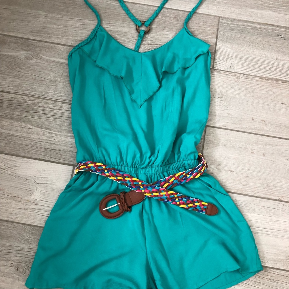 Teal romper with multicolor woven belt